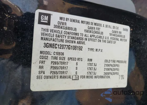 2007 Chevrolet Avalanche 1500 Lt from USA, damaged, VIN 3GNEC12077G108192